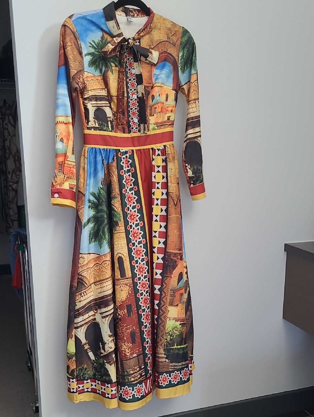 Long-Sleeve Printed Maxi Dress in Multicolor, Size Small